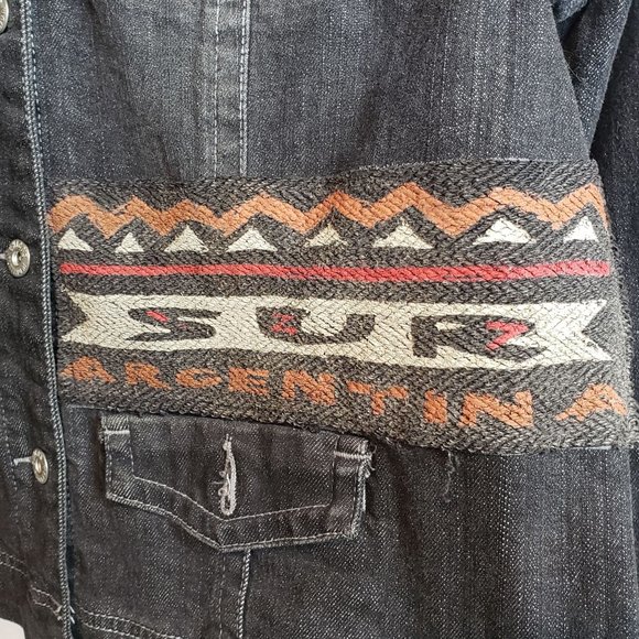 Upcycled Black Denim Jacket Adult Size Large Argentina Panel On Back - Picture 2 of 9